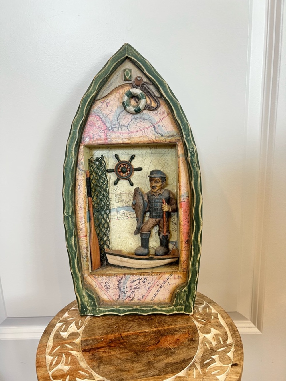 Nautical Fisherman Boat Shadow Box Wall Decor - Green & Beige Wooden